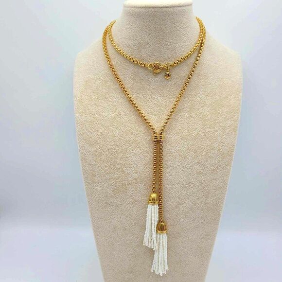 J Crew White Beaded Long Tassel Necklace NEW! NWOT! - Picture 1 of 11
